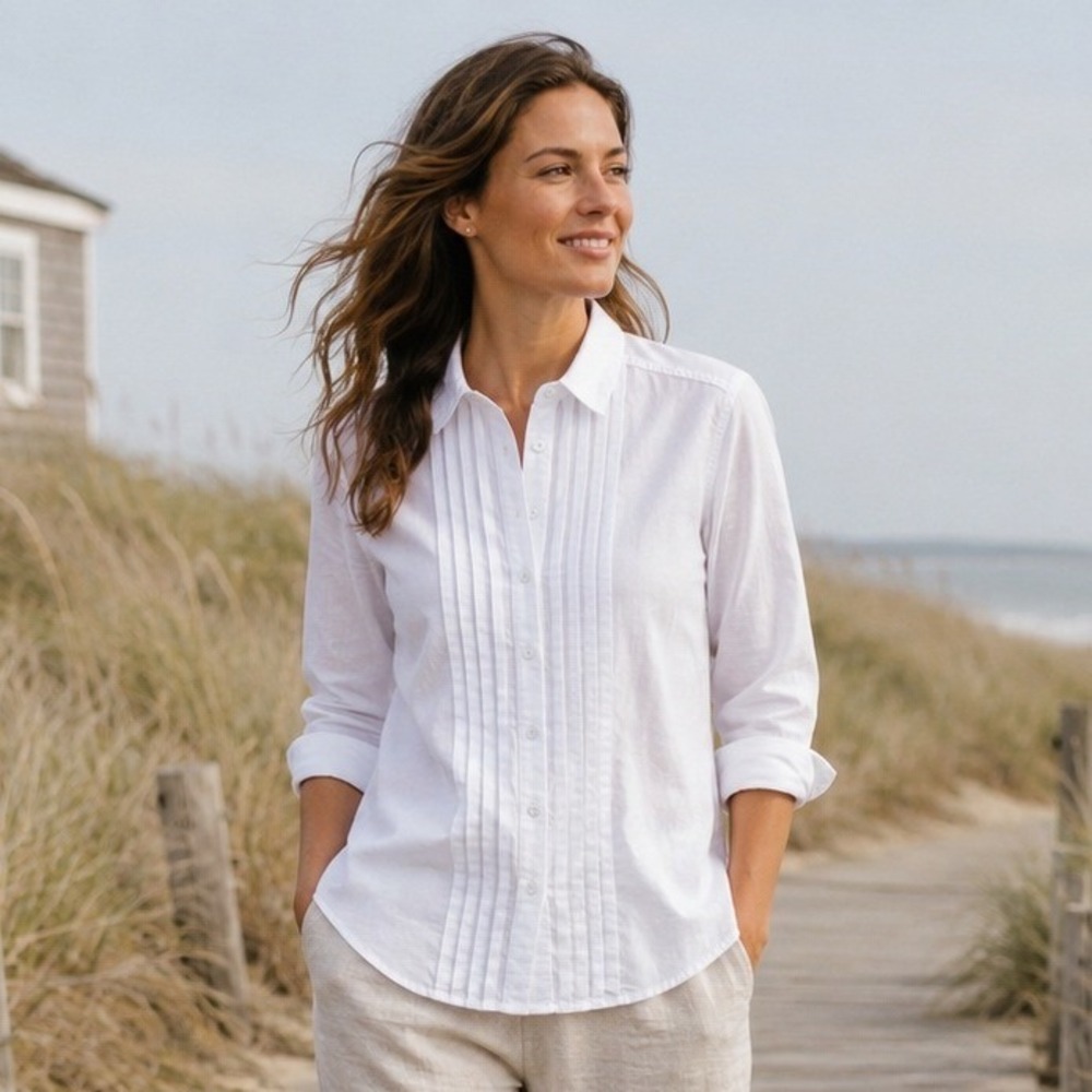 Sundance Womens Pintuck Shirt S White Long‎ Sleeve Cotton Coastal Cottagecore